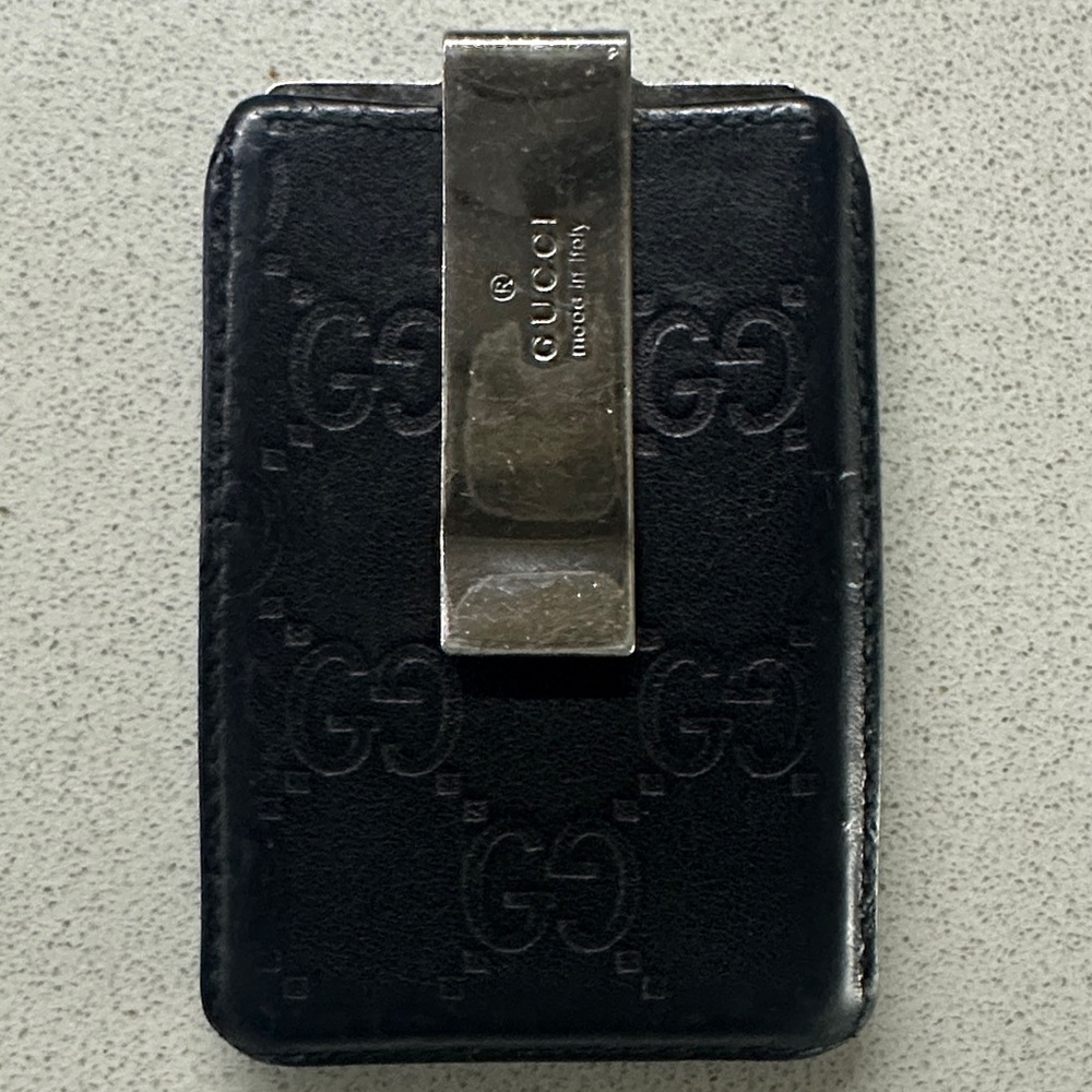 Gucci Black Leather Money Clip Card Case with Silver-Tone Clip